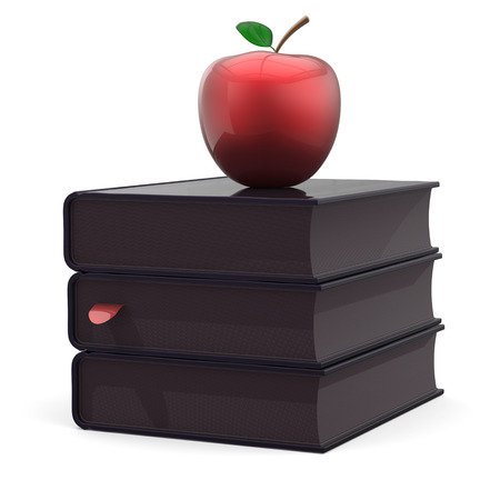 Black books red apple education index textbooks stack studying reading learning school college knowledge literature idea icon concept. 3d render isolated on whiteの写真素材