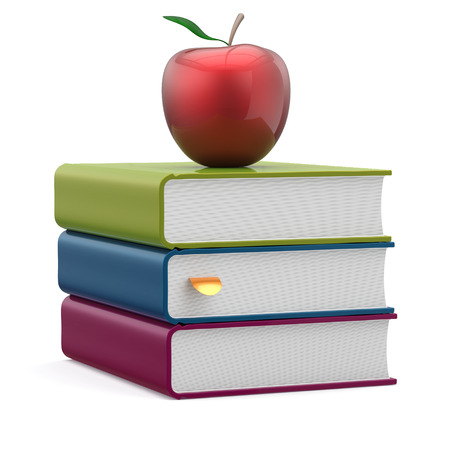 Books blank textbooks stack red apple education studying reading learning school college knowledge literature idea wisdom icon concept. 3d render isolated on whiteの写真素材