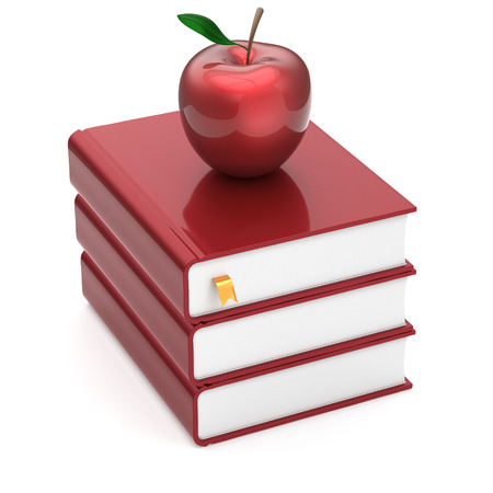 Blank books red apple index blank textbooks stack education studying reading learning school college knowledge literature idea icon concept. 3d render isolated on whiteの写真素材