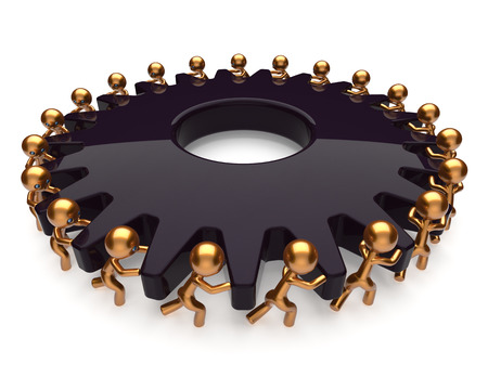 Partnership teamwork black gear business process team work hard job men turning together. Manpower cooperation assistance activism community concept. 3d render isolated on whiteの写真素材