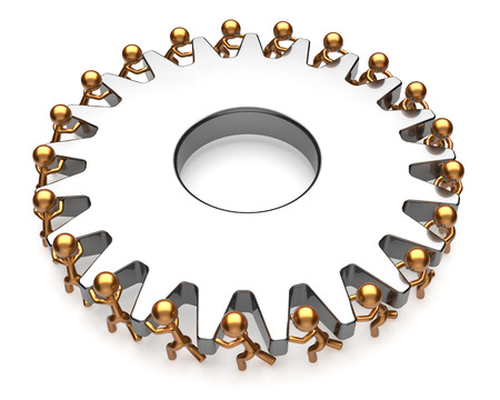 Teamwork action team work hard job business process men turning gear together. Brainstorming partnership cooperation assistance activism community unity concept. 3d render isolated on whiteの写真素材