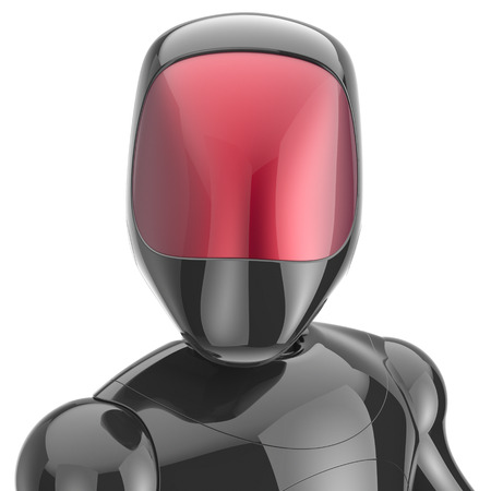 Cyborg black robot bot android futuristic cyberspace character artificial high tech concept red shiny face metallic. 3d render isolated on white backgroundの写真素材