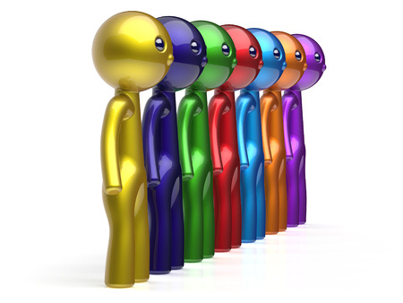 Social network friends chain line teamwork human resources character people diverse friendship row individuality team seven different cartoon persons unity meeting icon concept. 3d render isolatedの写真素材