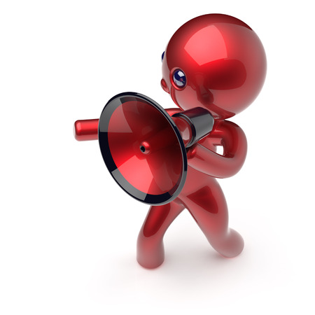 Man megaphone character news making communication announcement red stylized human cartoon guy person speaking people speaker figure icon concept. 3d render isolatedの写真素材