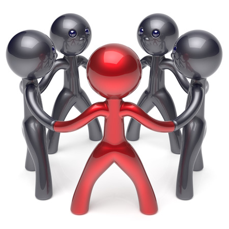 Teamwork circle people social network human resources individuality leadership character friendship team five cartoon friends unity meeting icon concept red black. 3d render isolatedの写真素材
