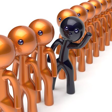 Different people black character stand out from the golden crowd unique individuality man think differ person otherwise hello to new opportunities concept human resources hr icon. 3d render isolatedの写真素材