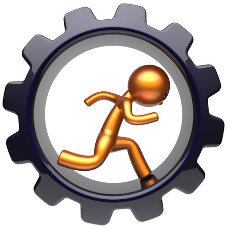 Gear wheel running man character hard work inside cogwheel businessman rotate stylized golden human cartoon guy person worker black gearwheel business career employment job concept. 3d render isolatedの写真素材