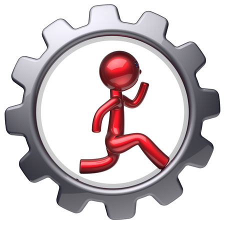 Running man character stylized red cartoon guy inside gearwheel human rotate cogwheel like run hamster person worker black gear wheel business career employment businessman concept. 3d render isolatedの写真素材