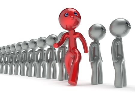 Different people red man character individuality stand out from the white crowd unique think differ person otherwise run to new opportunities concept referendum vote icon. 3d render isolatedの写真素材