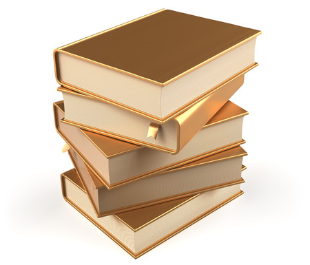 Book gold golden stack of books covers yellow blank textbooks bookmark. School studying information content learn question answer icon concept. 3d render isolated on white backgroundの写真素材