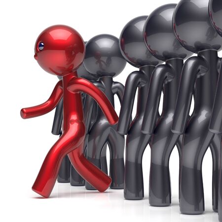 Different people stand out from the crowd individuality character red unique man think differ person otherwise run to new opportunities concept human confidence trust vote icon. 3d render isolatedの写真素材