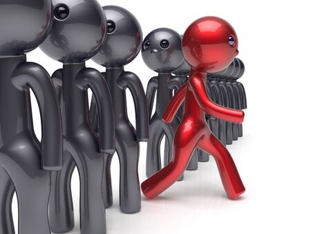 Different people red man character individuality stand out from the black crowd unique think differ person otherwise run to new opportunities concept referendum vote icon. 3d render isolatedの写真素材