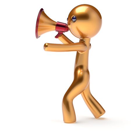 Man golden character speaking megaphone making sale announcement news stylized human cartoon guy speaker person communication people shout figure icon concept 3d render isolatedの写真素材