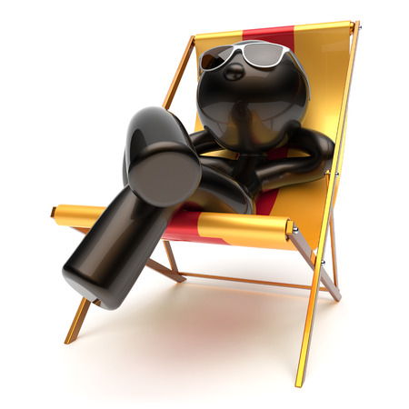Chilling man relaxing carefree sunburn beach deck chair sunglasses summer comfort cartoon stylized black character sun lounger chaise lounge tourist person sunbathing vacation harmony icon 3d renderの写真素材