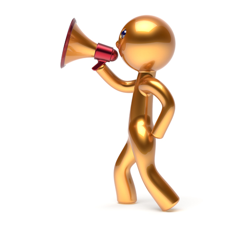 Man speaking bullhorn megaphone character making announcement news golden stylized human cartoon guy speaker person communication people yellow speaker figure icon concept 3d render isolatedの写真素材