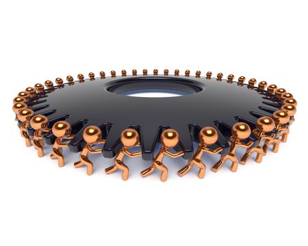 Characters teamwork partnership gearwheel team work business process men turning easy black cogwheel gear wheel together. Manpower cooperation human resources community concept 3d render isolatedの写真素材