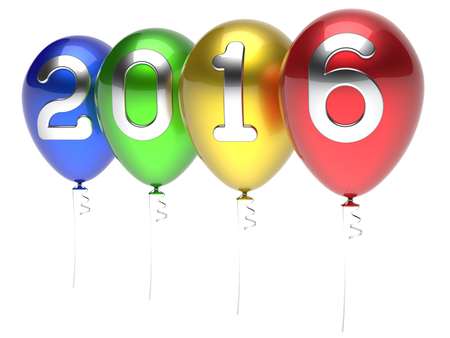 New 2016 Years Eve balloons wintertime party decoration winter celebration adornment helium balloon multicolor. Future planning calendar date greeting card banner advertisement. 3d render isolatedの写真素材