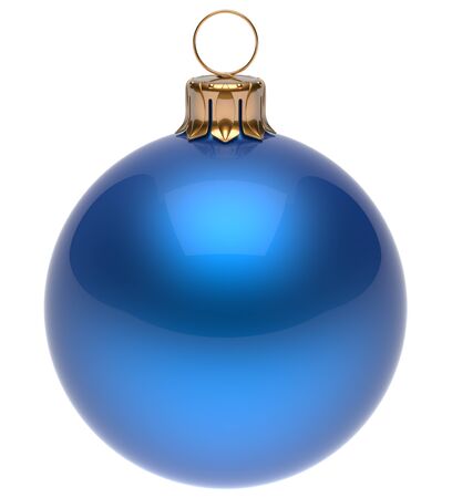 Christmas ball blue New Year's Eve bauble wintertime decoration glossy sphere hanging adornment classic. Traditional winter ornament happy holidays Merry Xmas symbol blank round. 3d render isolatedの写真素材