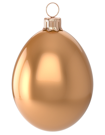 Christmas ball egg New Year's Eve bauble golden wintertime decoration glossy hanging adornment sparkly. Traditional winter happy holidays ornament Merry Xmas symbol shiny blank. 3d render isolatedの写真素材