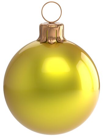 Christmas ball New Year's Eve bauble yellow wintertime decoration sphere hanging adornment classic. Traditional winter holidays home ornament Merry Xmas event symbol shiny blank. 3d render isolatedの写真素材