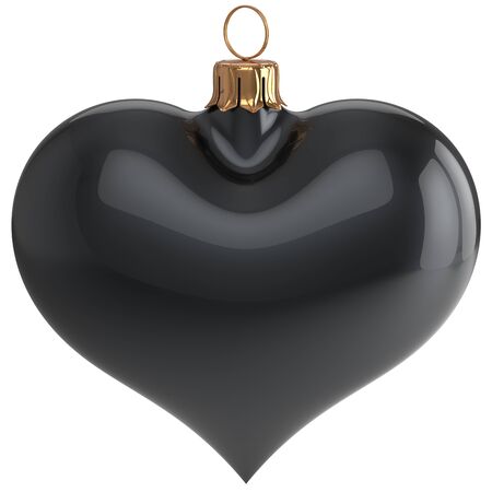 Heart shape Christmas ball New Year's Eve love bauble decoration black blank adornment. Merry Xmas traditional wintertime holidays ornament. 3d render isolated on white backgroundの写真素材