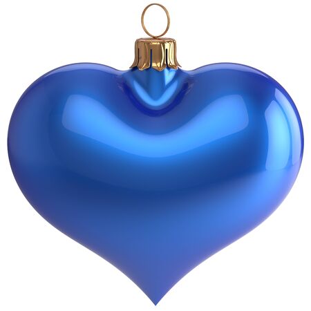 Heart shape Christmas ball New Year's Eve love bauble decoration blue blank adornment. Merry Xmas traditional wintertime holidays ornament. 3d render isolated on white backgroundの写真素材