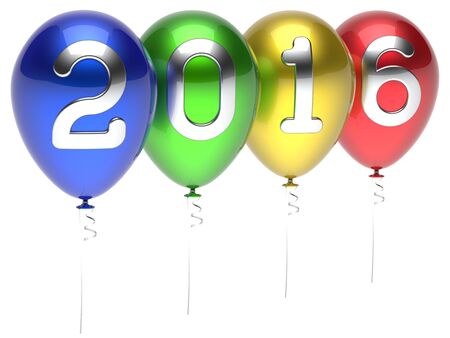 2016 New Years Eve party balloons Christmas decoration happy wintertime traditional Marry Xmas celebrate adornment multicolored. Future planning calendar date banner advertisement. 3d render isolatedの写真素材