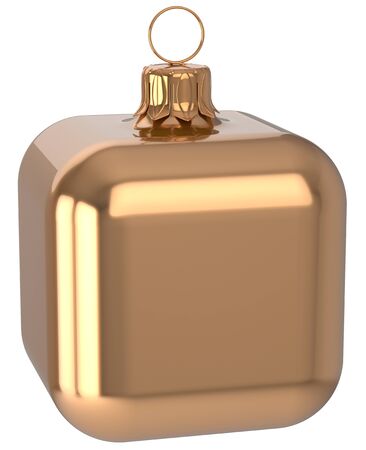 Christmas ball cube geometric unusual golden decoration New Year's Eve bauble hanging adornment. Traditional wintertime holidays home square ornament Merry Xmas symbol shiny blank. 3d render isolatedの写真素材