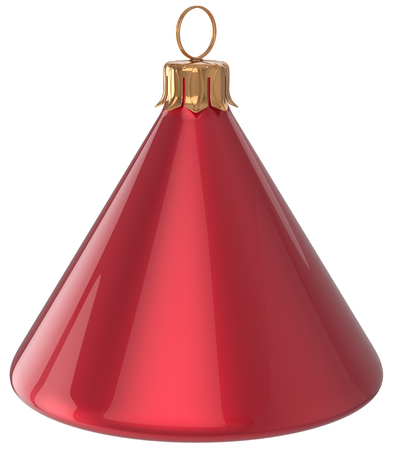 Christmas ball cone geometric New Year's Eve unusual bauble red decoration hanging adornment. Traditional wintertime holidays home ornament Merry Xmas event symbol shiny blank. 3d render isolatedの写真素材