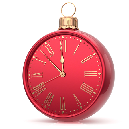 New Year's Eve clock Christmas ball decoration bauble midnight countdown ornament red sparkly. Traditional wintertime happy holidays beginning time future hour symbol adornment. 3d render isolatedの写真素材