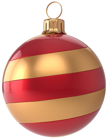 New Year's Eve bauble golden red Christmas ball decoration hanging sphere adornment modern. Traditional happy wintertime holidays ornament Merry Xmas symbol blank striped. 3d render isolatedの写真素材