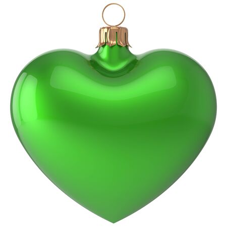 Christmas ball heart New Year's Eve bauble love decoration green blank adornment. Merry Xmas traditional wintertime holidays ornament romantic. 3d render isolated on white backgroundの写真素材