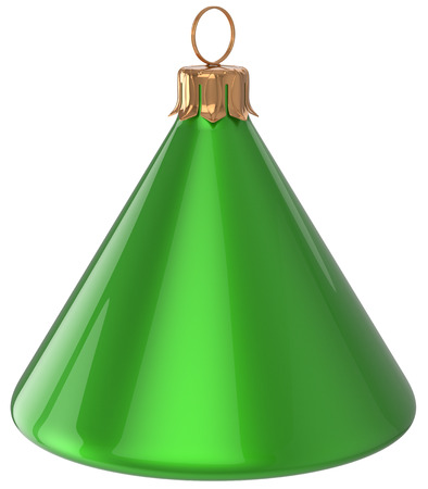 Christmas ball cone geometric New Year's Eve unusual bauble green decoration hanging adornment. Traditional wintertime holidays home ornament Merry Xmas event symbol shiny blank. 3d render isolatedの写真素材
