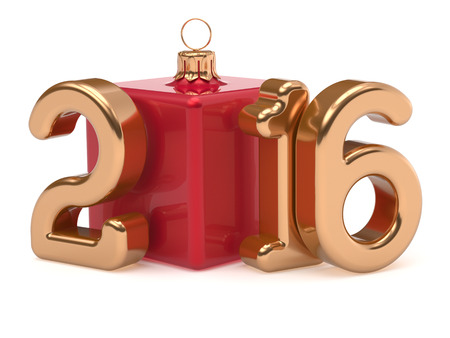 New 2016 Year Christmas ball cube joke Merry Xmas bauble decoration happy wintertime holidays stylized calendar date souvenir. Wintertime greeting card red gold design element. 3d render isolatedの写真素材