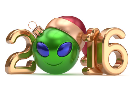 New Year's Eve 2016 calendar date smiley alien face cartoon decoration Christmas ball bauble emoticon green gold. Merry Xmas cheerful smile Santa hat ufo person character laughing adornment 3d renderの写真素材