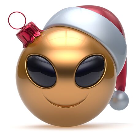Christmas ball Happy New Year's Eve bauble smiley alien face cartoon cute emoticon decoration gold. Merry Xmas cheerful funny smile Santa hat person character toy laughing eyes joy adornment 3d renderの写真素材