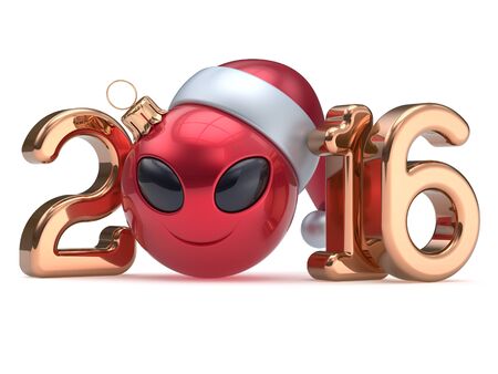 New Year's Eve 2016 calendar date smiley alien face cartoon decoration Christmas ball bauble emoticon red golden. Merry Xmas cheerful smile Santa hat ufo person character laughing adornment 3d renderの写真素材