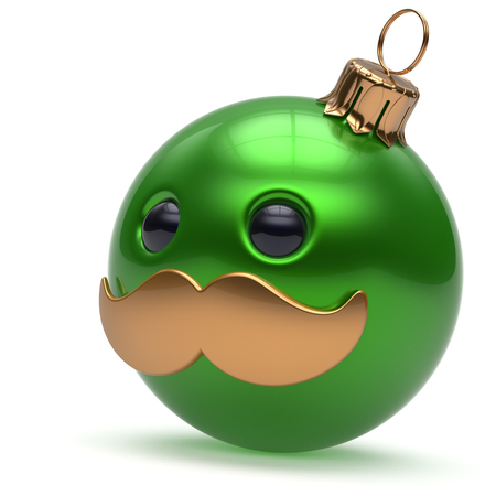 Christmas ball emoticon Happy New Year's Eve bauble ornament cartoon mustache face decoration cute green. Merry Xmas cheerful funny person laughing character toy souvenir adornment concept. 3d renderの写真素材