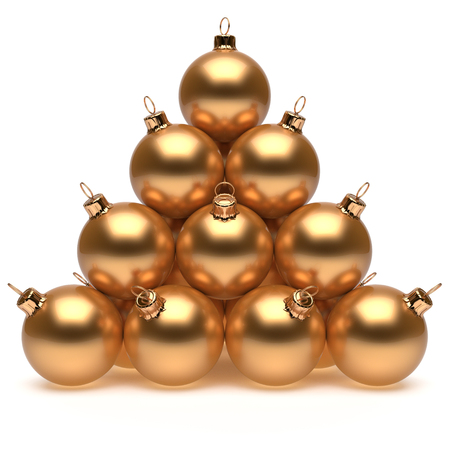Pyramid Christmas balls golden New Year's Eve baubles group adornment decoration glossy spheres ornament. Happy Merry Xmas traditional wintertime holidays celebrate greeting card concept. 3d renderの写真素材