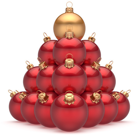 Christmas ball red pyramid leader golden on top first place winner New Year's Eve baubles group decoration. Compare leadership hierarchy success Happy Merry Xmas wintertime business concept. 3d renderの写真素材