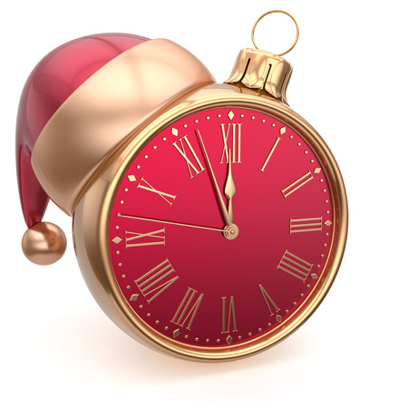 Alarm clock Christmas ball decoration New Year's Eve bauble Santa hat ornament red golden. Traditional wintertime future midnight countdown beginning holidays time symbol adornment. 3d render isolatedの写真素材