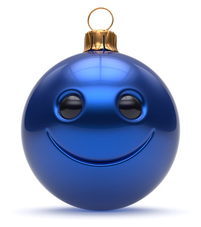 Christmas ball emoticon smiley face Happy New Year's Eve cartoon bauble cute decoration blue. Merry Xmas cheerful funny smile person character toy laughing joyful adornment souvenir concept 3d renderの写真素材