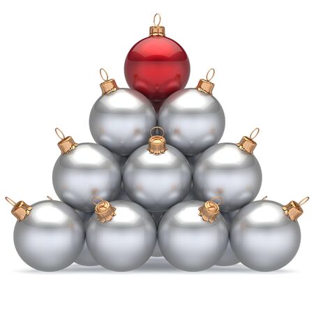 Pyramid christmas balls white leader red on top first place winner New Year's Eve baubles group decoration. Compare leadership hierarchy success Happy Merry Xmas wintertime business concept. 3d renderの写真素材