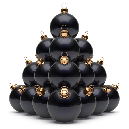 Christmas balls pyramid New Year's Eve black baubles group adornment decoration glossy spheres ornament. Happy Merry Xmas traditional wintertime holidays celebrate greeting card concept. 3d renderの写真素材