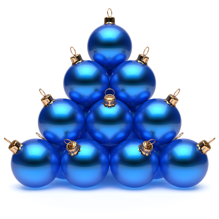 Pyramid Christmas balls blue New Year's Eve baubles group adornment decoration glossy spheres ornament. Happy Merry Xmas traditional wintertime holidays celebrate greeting card concept. 3d renderの写真素材