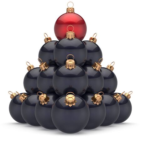Christmas ball black pyramid leader red on top first place winner New Year's Eve baubles group decoration. Compare leadership hierarchy success Happy Merry Xmas wintertime business concept. 3d renderの写真素材