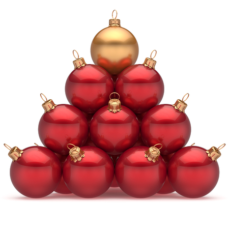 Pyramid christmas ball red leader golden on top first place winner New Year's Eve baubles group decoration. Compare leadership hierarchy success Happy Merry Xmas wintertime business concept. 3d renderの写真素材