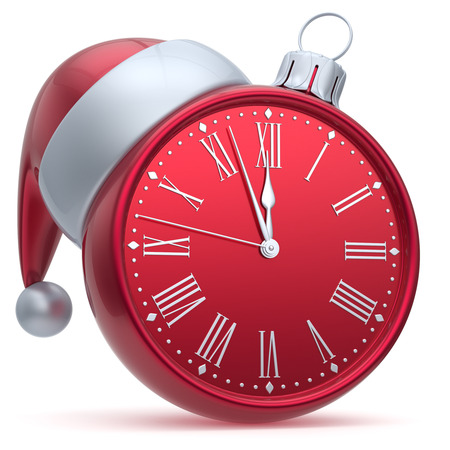 Christmas ball alarm clock New Year's Eve time Santa hat decoration bauble ornament red white. Traditional wintertime holidays midnight countdown beginning future symbol adornment. 3d render isolatedの写真素材