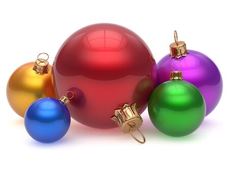 Christmas ball adornment decoration multicolored New Year's Eve colorful shiny wintertime hanging baubles group. Traditional ornament happy winter holidays Merry Xmas classic decor. 3d render isolatedの写真素材