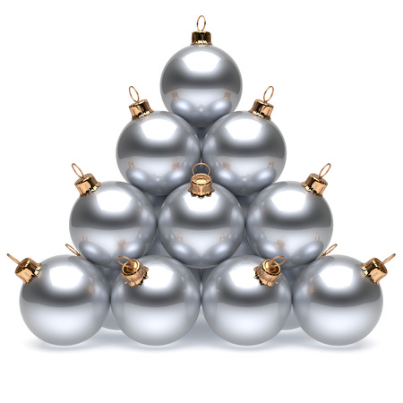 Christmas ball pyramid white silver New Year's Eve bauble group adornment decoration glossy spheres ornament chrome. Happy Merry Xmas traditional wintertime holidays celebrate greeting card. 3d renderの写真素材